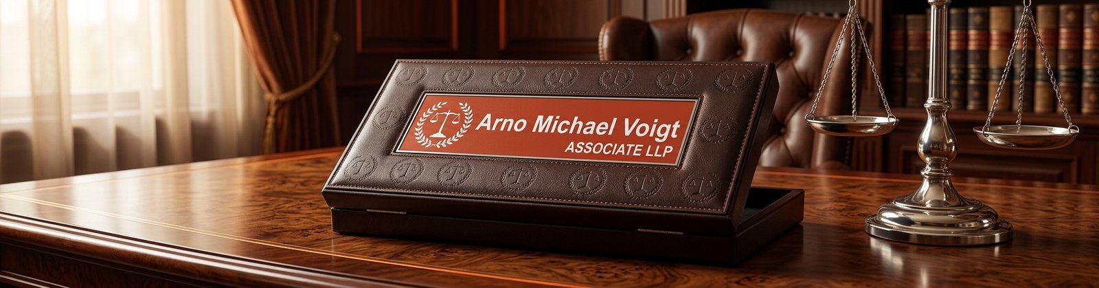 Legal desk with scales and the Arno Michael Voigt Associate LLP nameplate