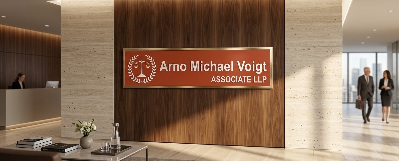 Reception area with the Arno Michael Voigt Associate LLP sign