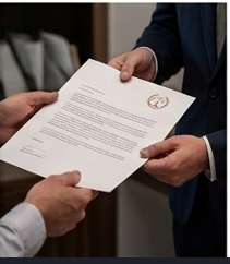 Hands exchanging a legal document